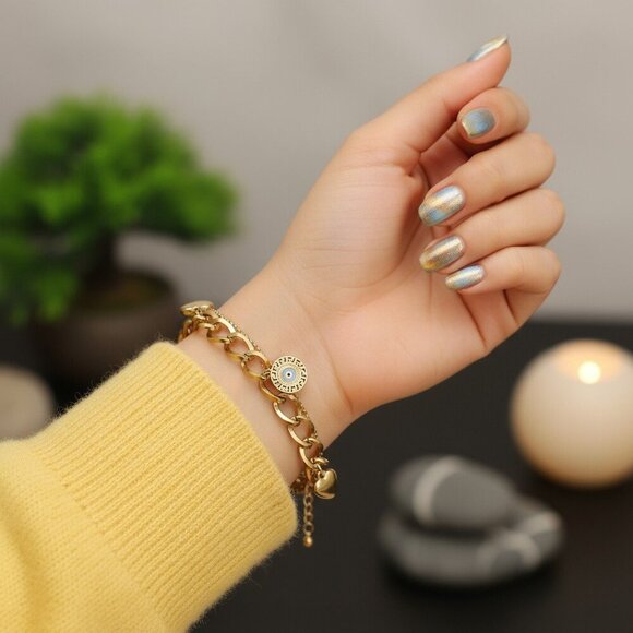 Double Chain 18K Gold Plated Stainless Steel Bracelet with Heart Evil Eye - Picture 3 of 12